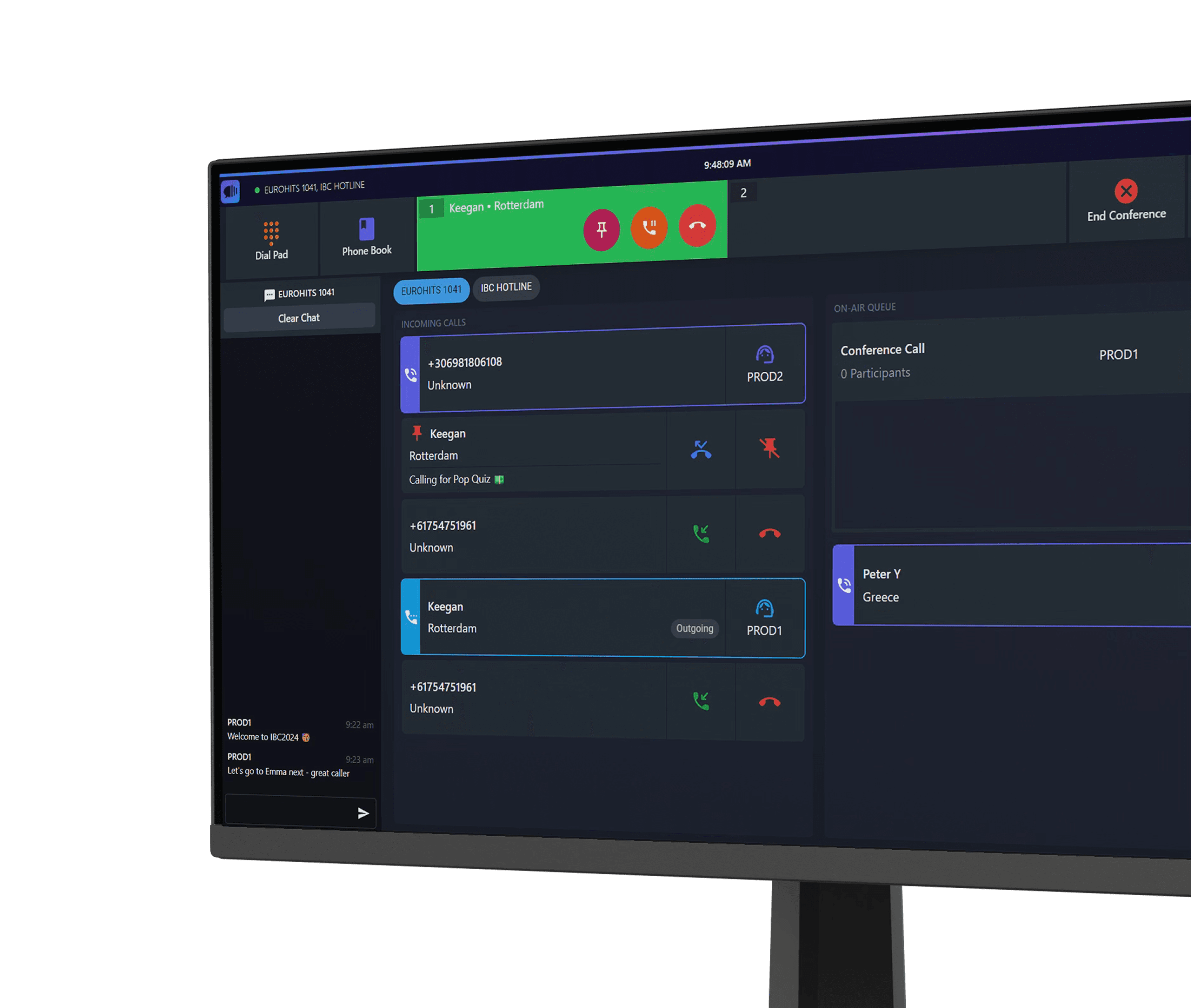 Audata Connect live call management interface displayed on a studio monitor