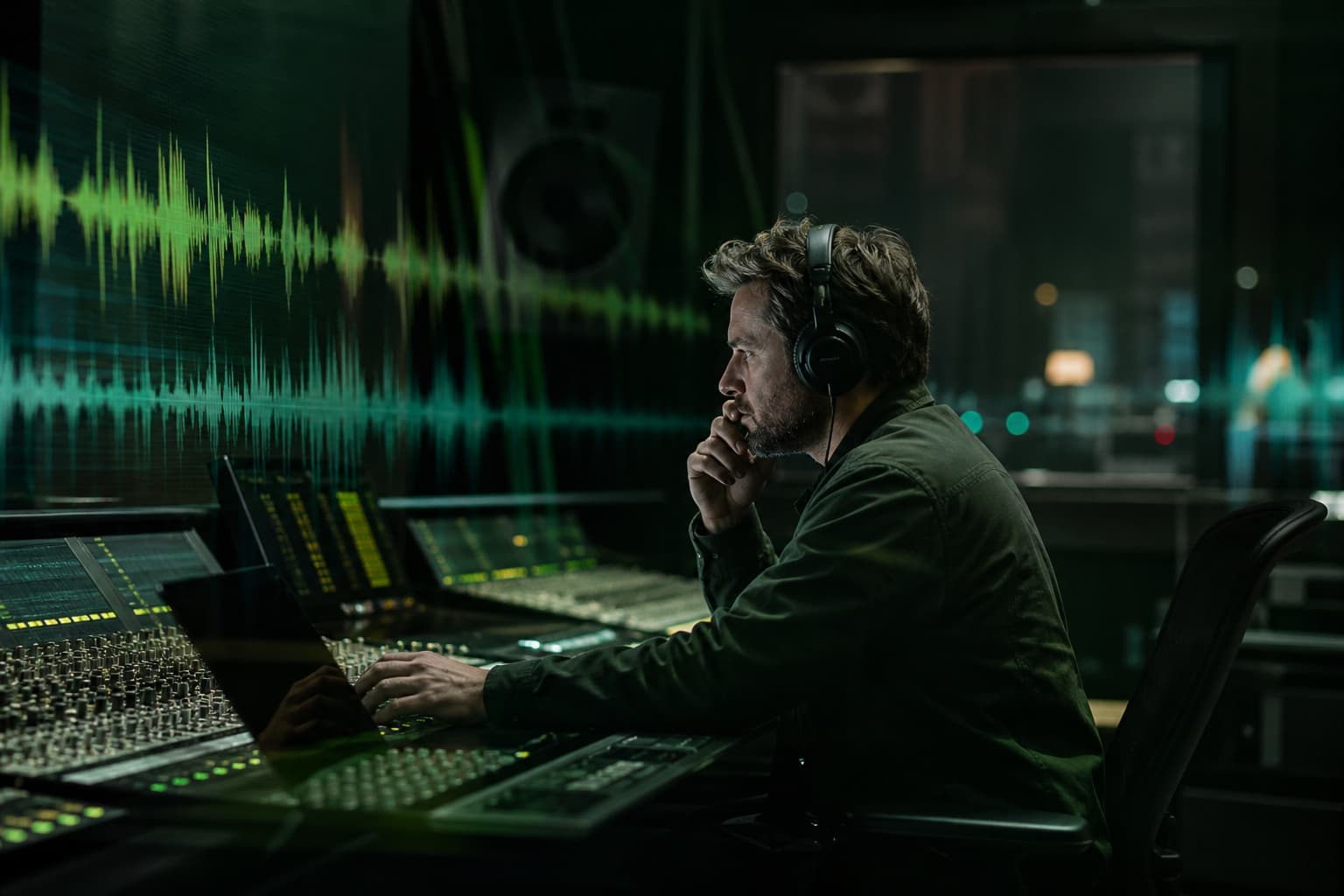 A broadcast analyst listening closely while reviewing captured audio in a modern control room