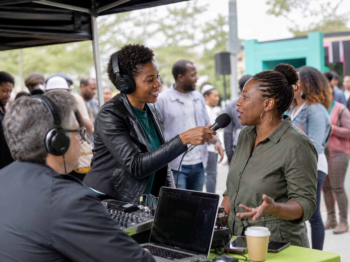 A radio presenter interviewing an attendee during a live outdoor broadcast