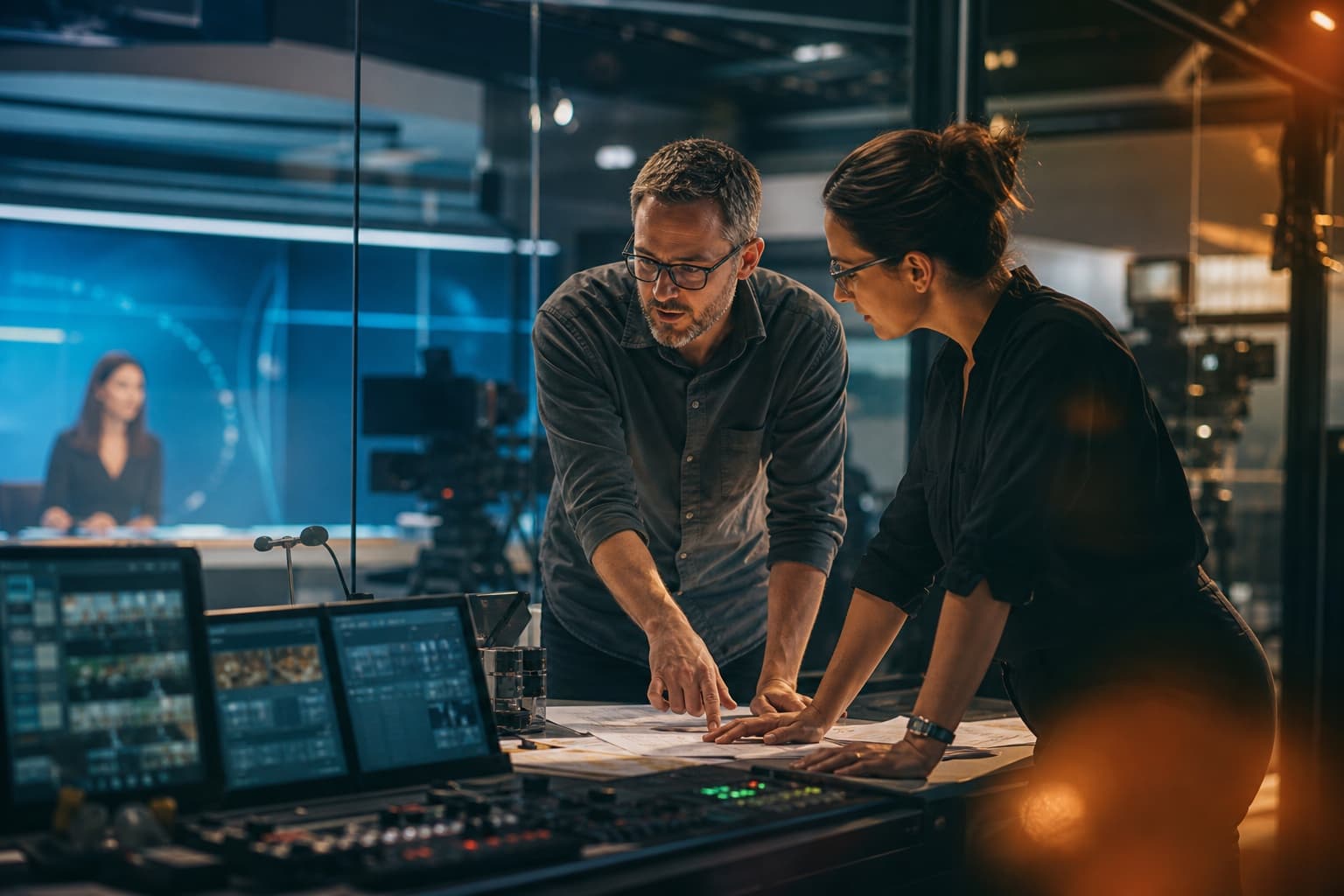 A content director and producer shaping a programme rundown in a broadcast studio