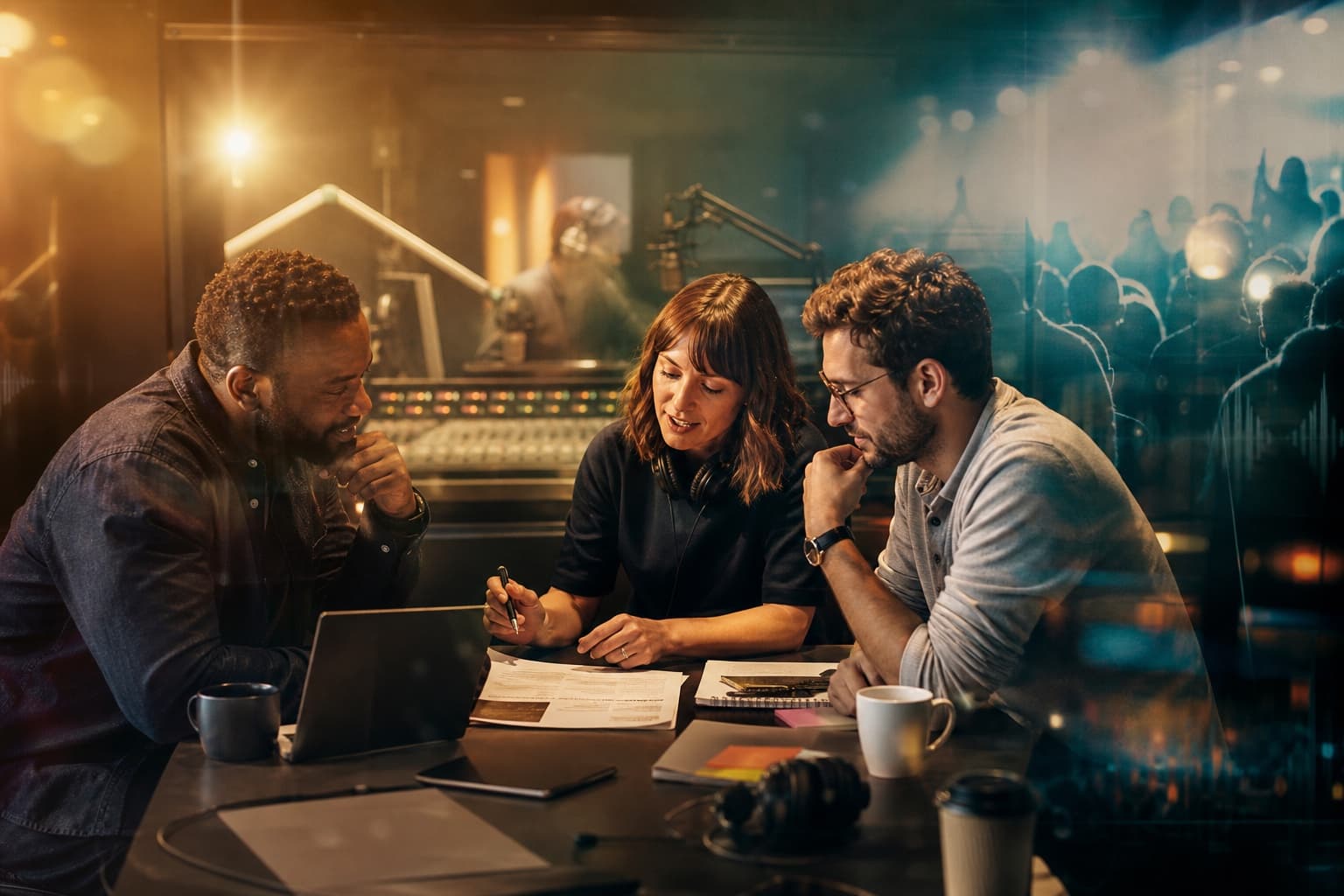 A radio commercial and marketing team reviewing a campaign together